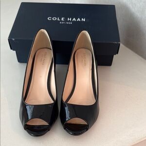 Cole Haan Sadie Open Toed Wedge in Black Patent Leather